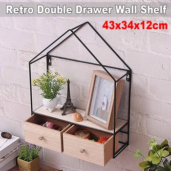 

DIY Wall Mounted Wood House Wall Shelf with Drawers Iron Craft Storage Rack Holder for Living Room Bedroom Kitchen Home Decor