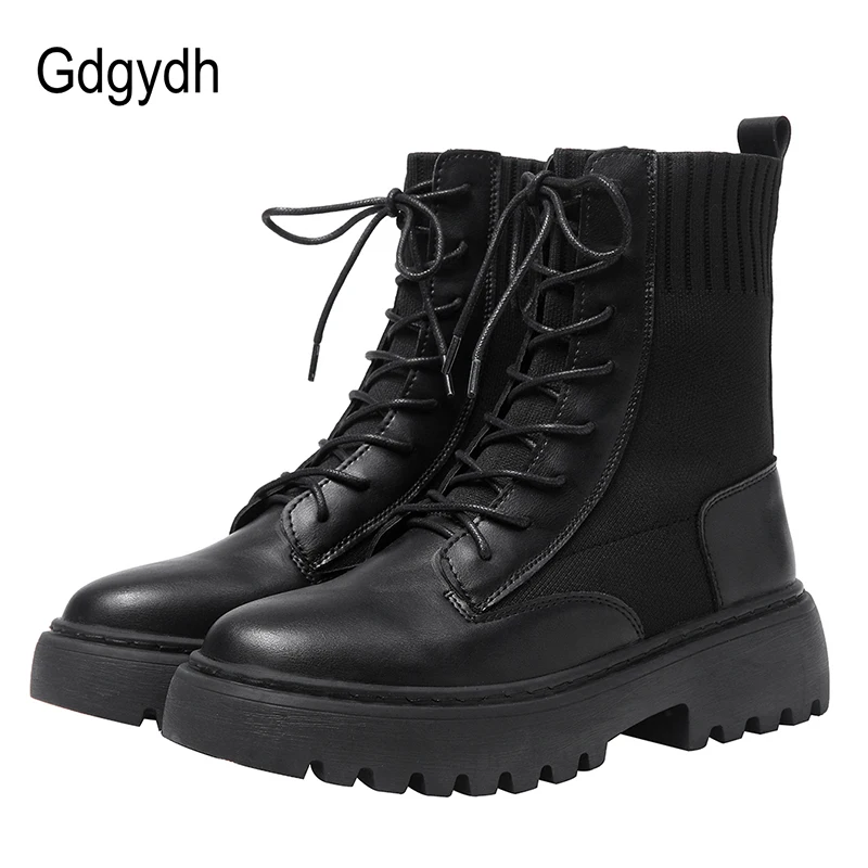 

Gdgydh Autumn Winter Womens Boots 2019 Fashion Motorcycle Boots Mid-calf Rubber Sole Lace Up Boots Female Footwear High Quality