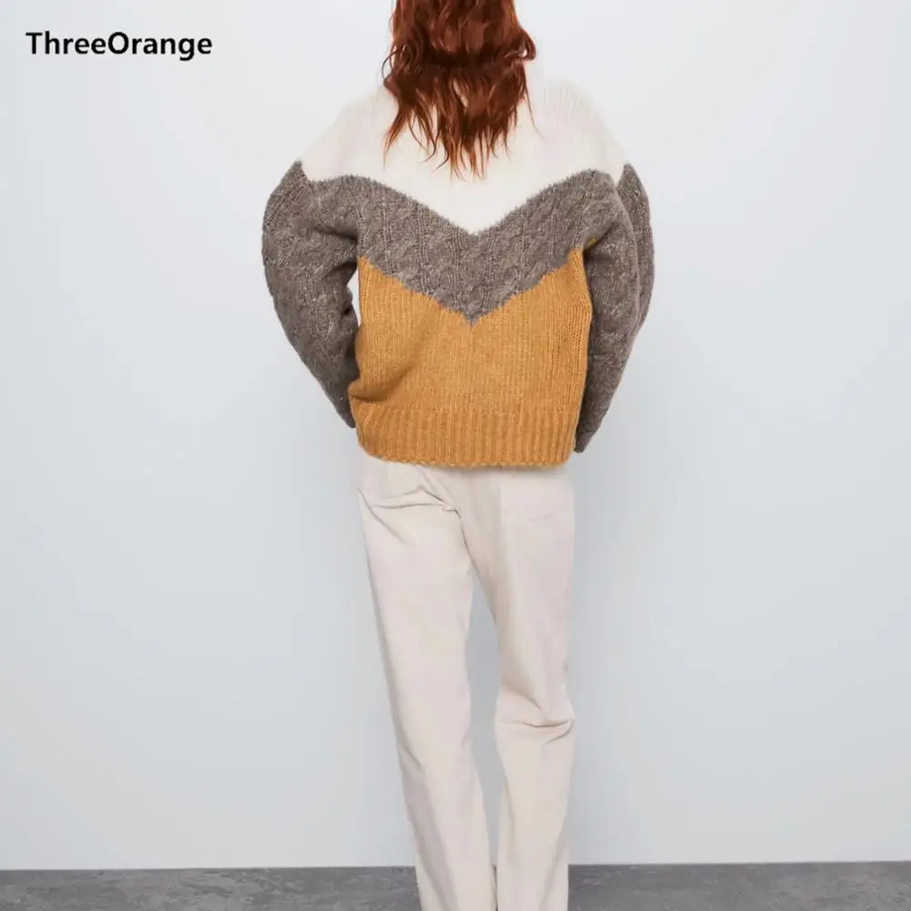 ZA новая зимняя Осенняя вязаная кофта Женский пуловер геометрический цветной контрастный узор Повседневный свободный женский свитер