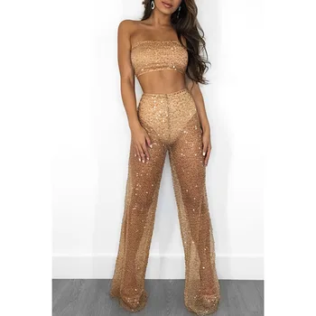 

Women Sets See-through Tropical Summer Shiny Strapless Crop Tops+High Waist Wide Leg Pants Ladies Sequins Outfits