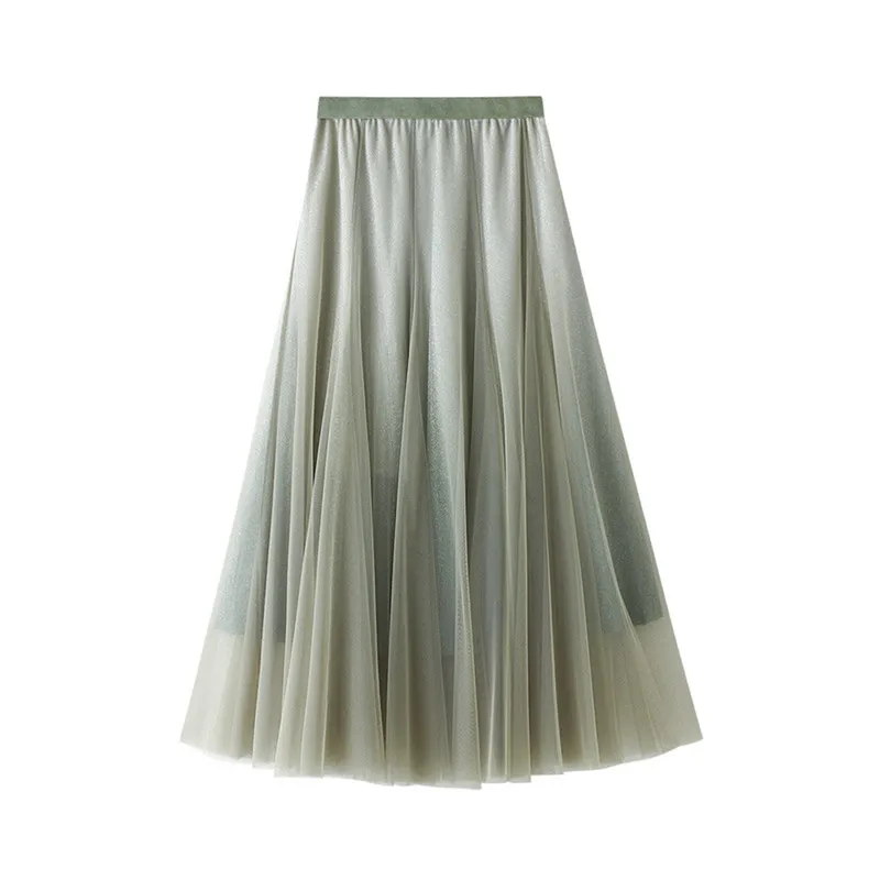 

Womens Fashion Gradient Color Skirt Summer Mesh Yarn Stitching High-waist A-line Mid-length Skirt