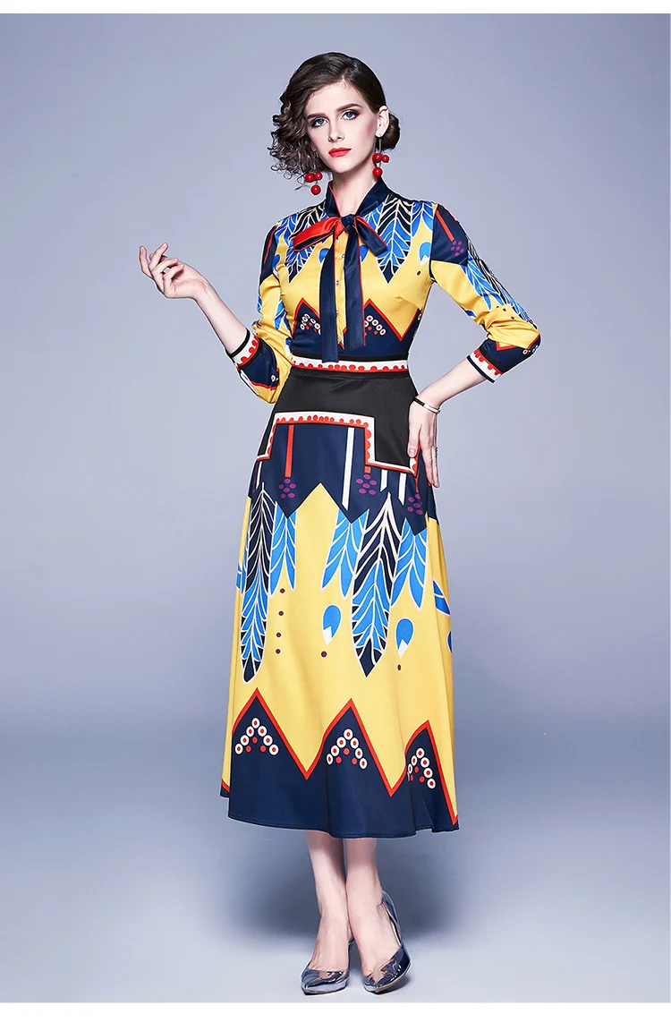 Banulin Fashion Runway Autumn Dress Women's Long Sleeve Bow Neck Multicolor Floral Printing Midi Elegant Vintage Dress