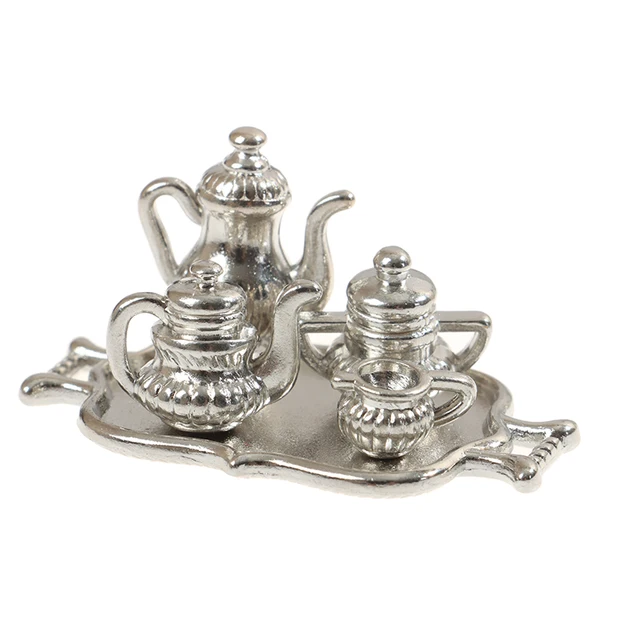 New 5pcs/Set 1:12 Dollhouse Miniature Metal Kitchen Tea Set Pot Flagon Plate Model  For Dollhouse Decoration 4