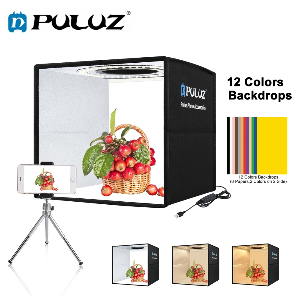 Puluz-Mini caja de luz Led para estudio fotográfico, Kit de tienda de fotografía plegable, 3 modelos, 6/12 telones de fondo