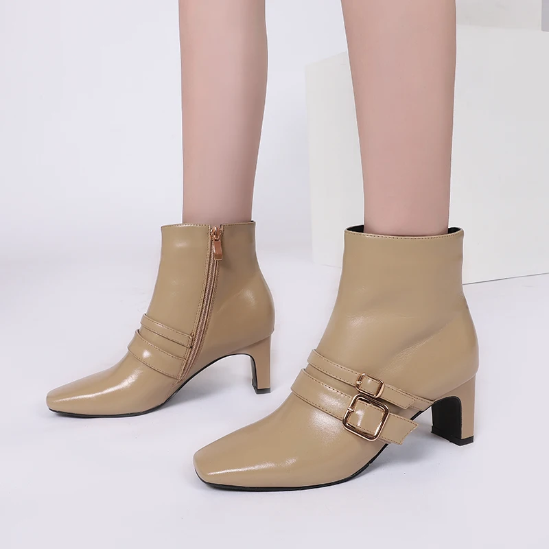 

Women's genuine leather high heel ankle boots metal buckle elegant ladies short booties high quality square toe shoes for women