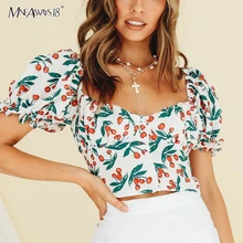 Mnealways18 Cherry Floral Print Blouse Square Collar Puff Sleeve Frill Ruffle Sexy Crop Top Sweet Women Shirt Top Female Casual