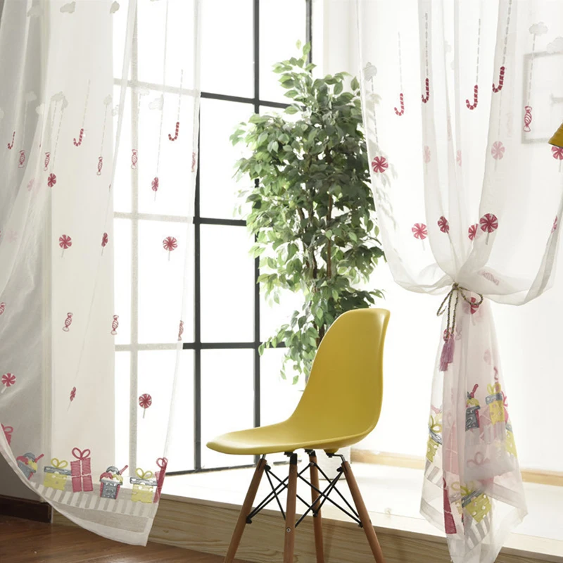 

Cartoon Gift Candy Embroidery Curtain Tulle for Girl Bedroom Kid's Window Screen Pink Sheer Living Room Yarn Finished Custom