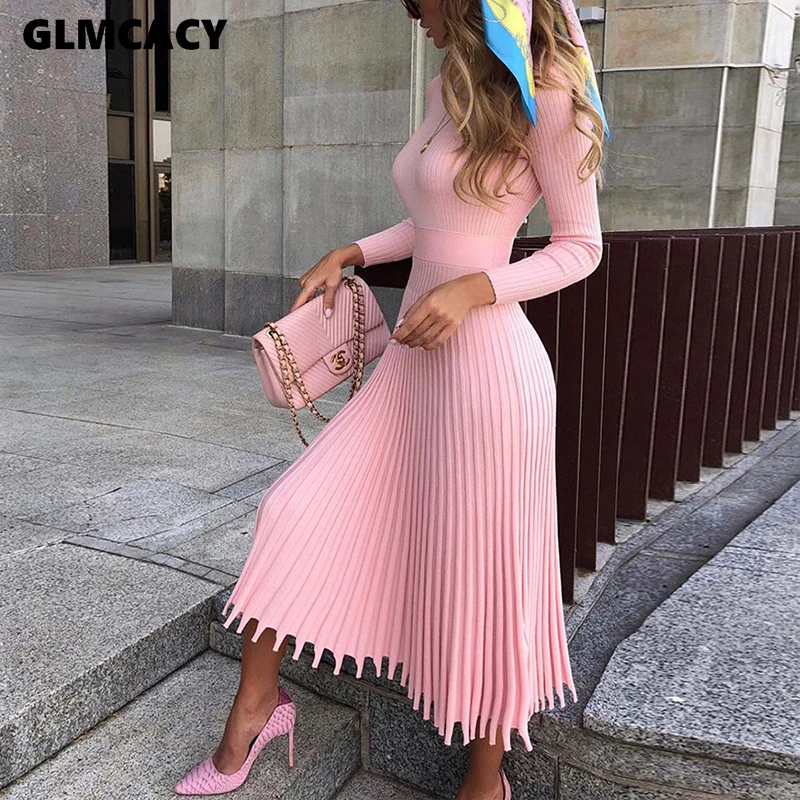 Женское трикотажное платье-пуловер с круглым вырезом и длинным рукавом, платье-свитер с изогнутым подолом, обтягивающее сплошная шикарная элегантная весенне-осенняя одежда - Цвет: Розовый