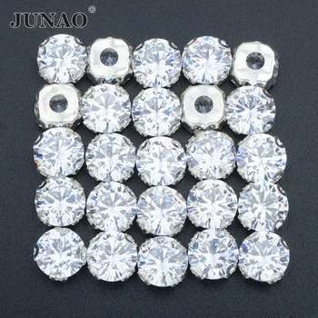 

JUNAO AAAAA 8mm Sewing Clear Cubic Zirconia Stones Claw Rhinestone With Setting Flatback Zircon Crystal Sewn Diamond Strass