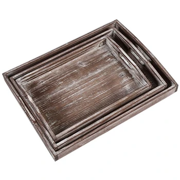 

Solid Wood Storage Tray Household Fruit Plate Three-Piece Set Antique Wooden Dinner Plate with Handle-Large, Medium and Small Ne