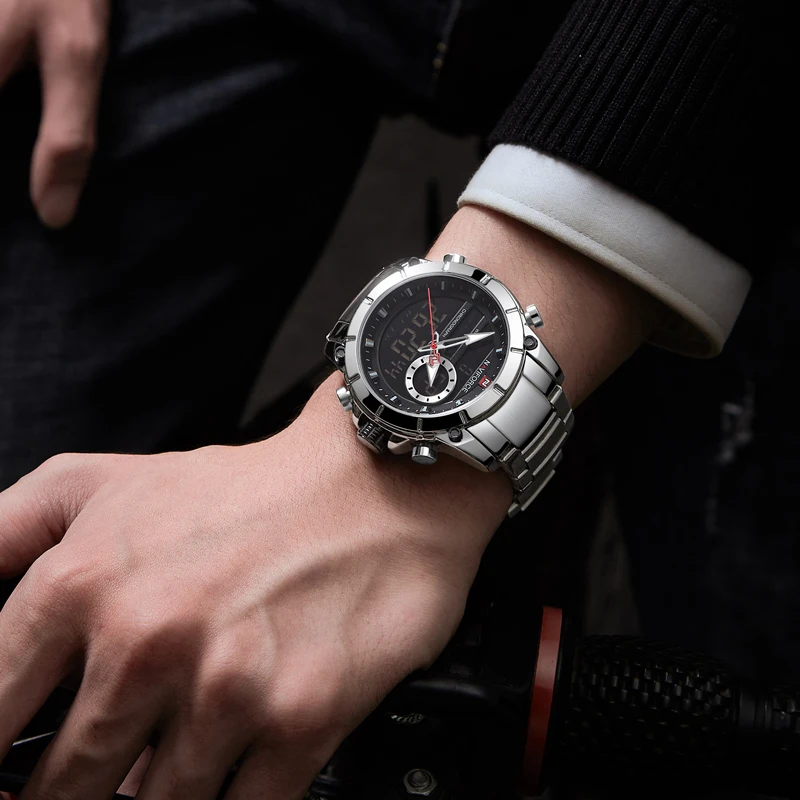 NAVIFORCE мужские часы Лидирующий бренд модные серебряные часы с двойным дисплеем мужские s из нержавеющей стали Роскошные деловые водонепроницаемые наручные часы
