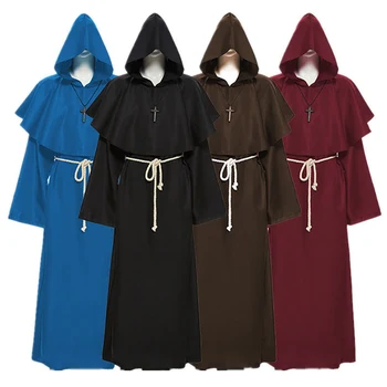 

Medieval Monk Church Clergy Costume Mens Cosplay Witch Priest Hooded Cowl Gown Shawl Cape Christian Cloak Halloween Outfit Adult