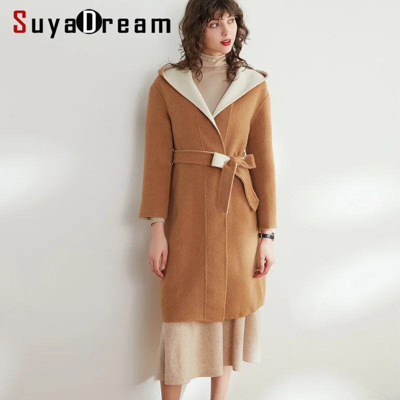 SuyaDream с капюшоном поясом женское длинное шерстяное пальто 100% однотонное хаки