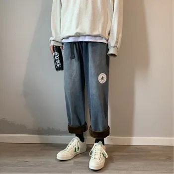 

Winter New Plus Velvet Thickening Jeans Men Warm Fashion Washed Solid Color Casual Jeans Men Hip Hop Loose Straight Jeans Pants