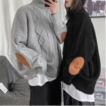

2019 Autumn And Winter New Lazy Wind Couple Loose Patch Pullover Fashion Casual Solid Color Thick Turtleneck Sweater M-2XL