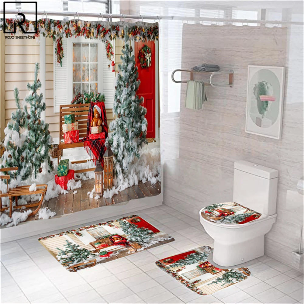 Cortinas navideñas para baño, de decoración de Festival para el hogar, árbol de Navidad, ventana, cortina ducha, tapa de inodoro de poliéster, WC, alfombrilla de baño|Cortinas de ducha| - AliExpress