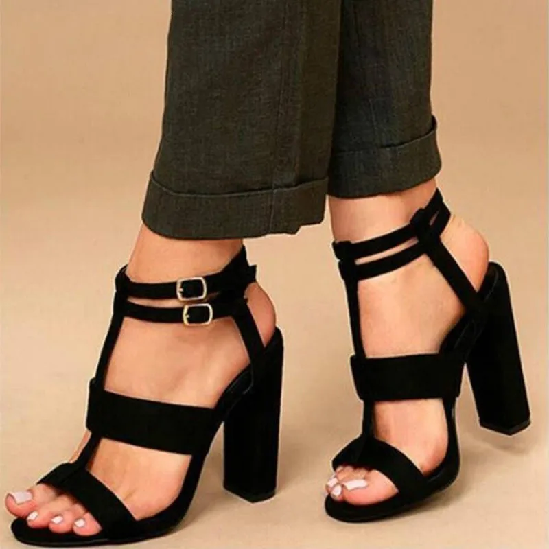 

WDHKUN High Heels Sandals Gladiator Summer Sandals For Women Double Buckle Square Heels Flock Female Party Wedding Ladies Shoes