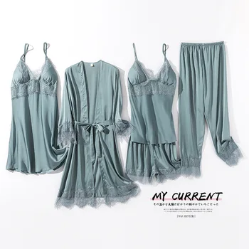 

Pajamas Female Summer New Style Ice Silk Pajamas Five Pieces Set Comfortable Sexy Lace Homewear Set Wholesale