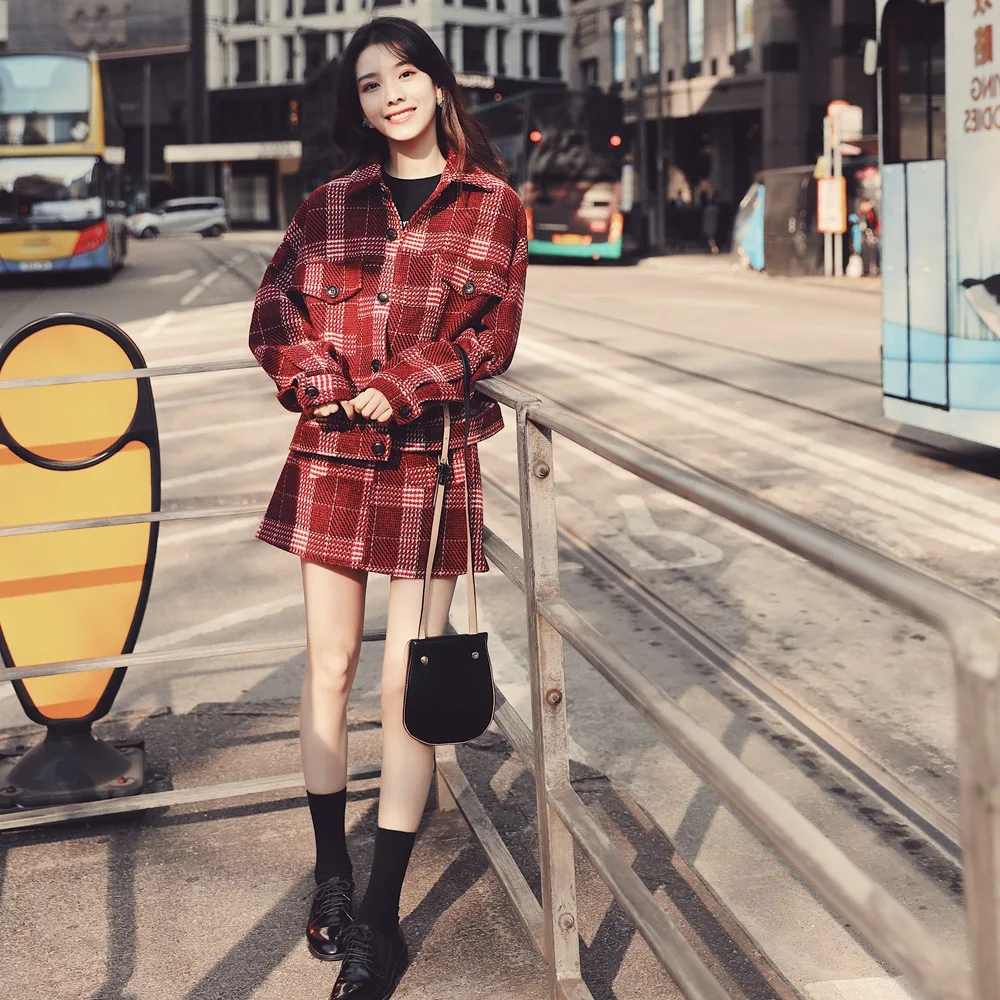 

Photo Shoot 2019 Spring New Style WOMEN'S Dress Retro CHIC Wind Woollen Cloth Pattern Cropped Jacket Skirt Two-Piece Set