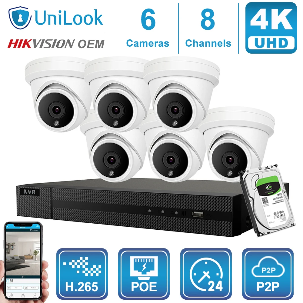 Hikvision OEM 8CH 4 к NVR 8MP купольная камера POE IP Камера 4/6/8 шт. наружного наблюдения ONVIF, H.265 CCTV видео NVR Наборы с 1/2/4 ТБ HDD - Цвет: 6 White Cams Kit