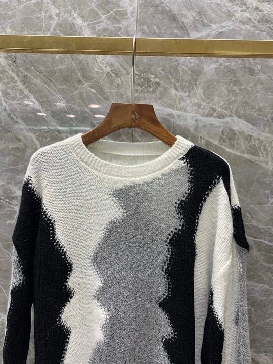 Autumn Early New Woman's Round Neck Wave Patterns Splicing Long Sleeve 100-Lap Sweater Knitted Shirt 1007