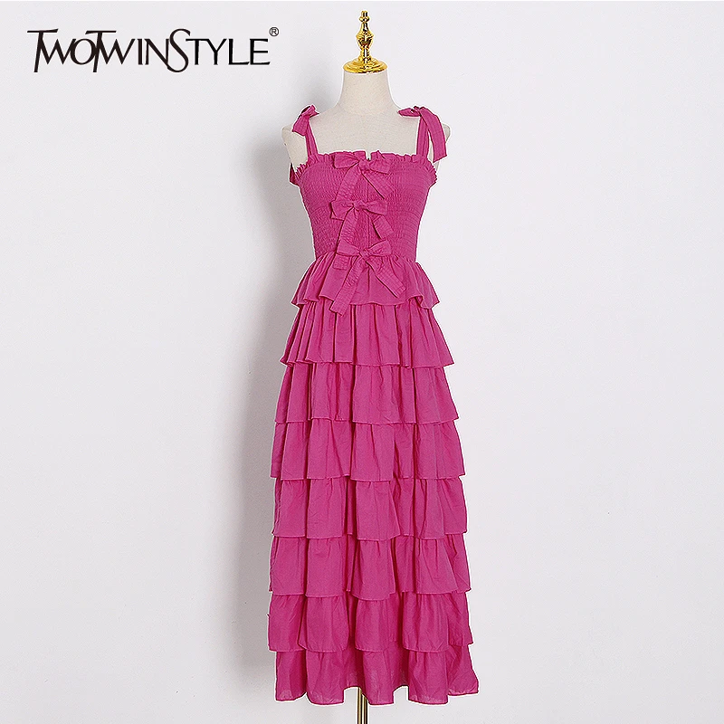 TWOTWINSTYLE Casual Summer Dress Women Square Collar Sleeveless Spaghetti Strap High Waist Patchwork Ruffles Bow Dresses Female TWOTWINSTYLE Casual Summer Dress Women Square Collar Sleeveless Spaghetti Strap High Waist Patchwork Ruffles Bow Dresses Female