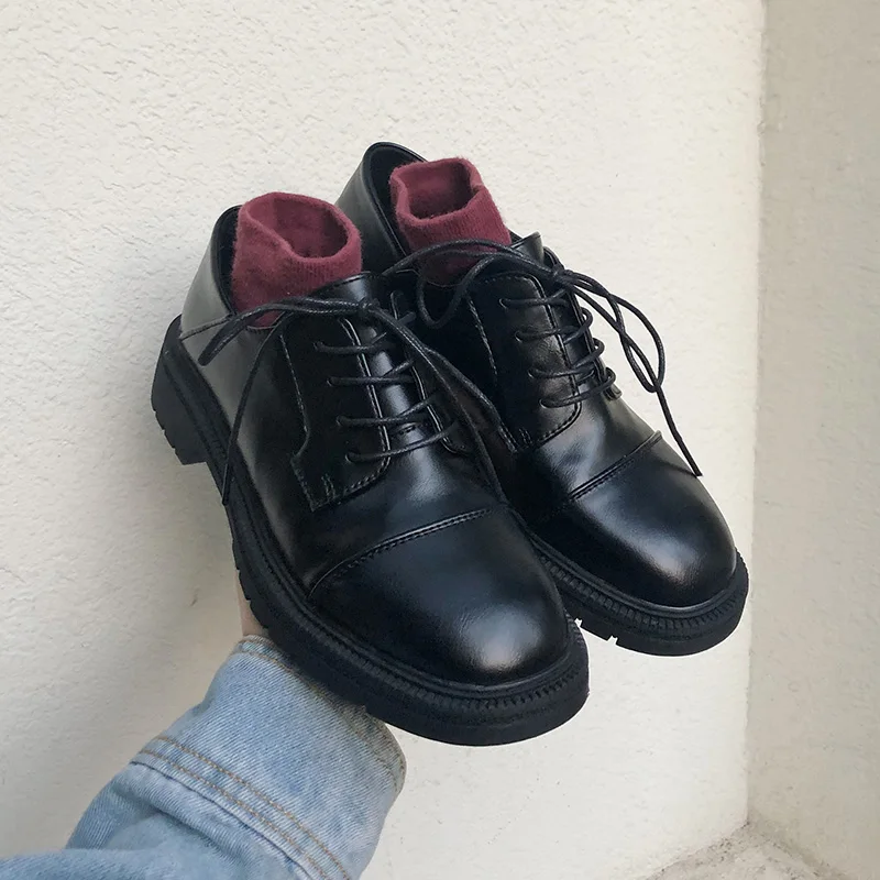 

Shoes Woman Flats British Style Oxfords Women's Round Toe Casual Female Sneakers Dress Preppy Leather Cross Black New On Heels