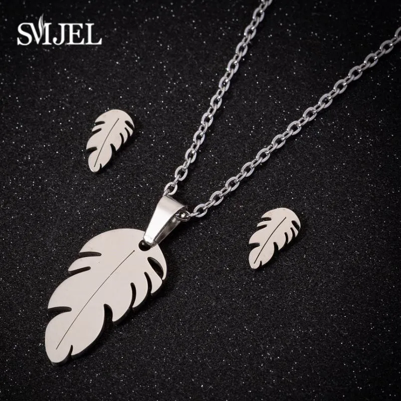 Smjel Vintage Stainless Steel Feather Necklace and Earrings Set Simple Leaf Chain Women Small Gift For Sister Friend | Украшения и