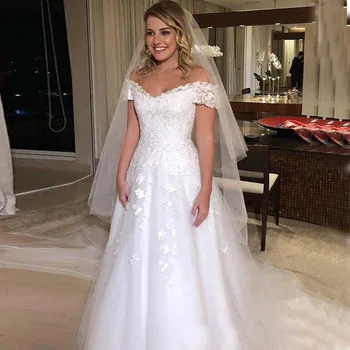 

Vintage Off Shoulder Wedding Dresses Short Sleeve Lace Tulle A-Line Bridal Dress Customize Lace-Up Sweep Train Wedding Dress