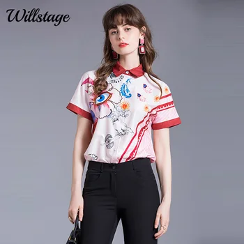 

Wilstage striped shirts women short sleeve eyes printed pattern blouse Pink color tops 2020 Summer elegant clothes OL wear