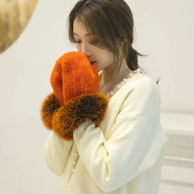 Women's Warm and Lovely Real Mink Fur Gloves, Hand Knitted, Full Finger Gloves, Fox Fur Mittens, Double Face Fur, Winter