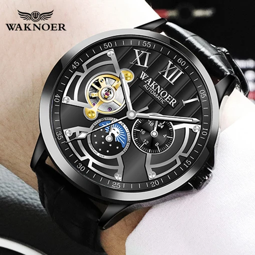 Cena WAKNOER automatyczny zegarek mechaniczny mężczyźni ze stali nierdzewnej wodoodporna faza księżyca Luminous luksusowy biznes Tourbillon zegar Montre Homme