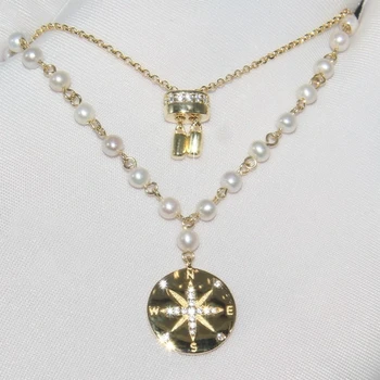 

Round 925 Sterling Silver Cross Freshwater Pearl Collar Necklace Women Bridal Wedding Compass Design Necklace Xmas Gift