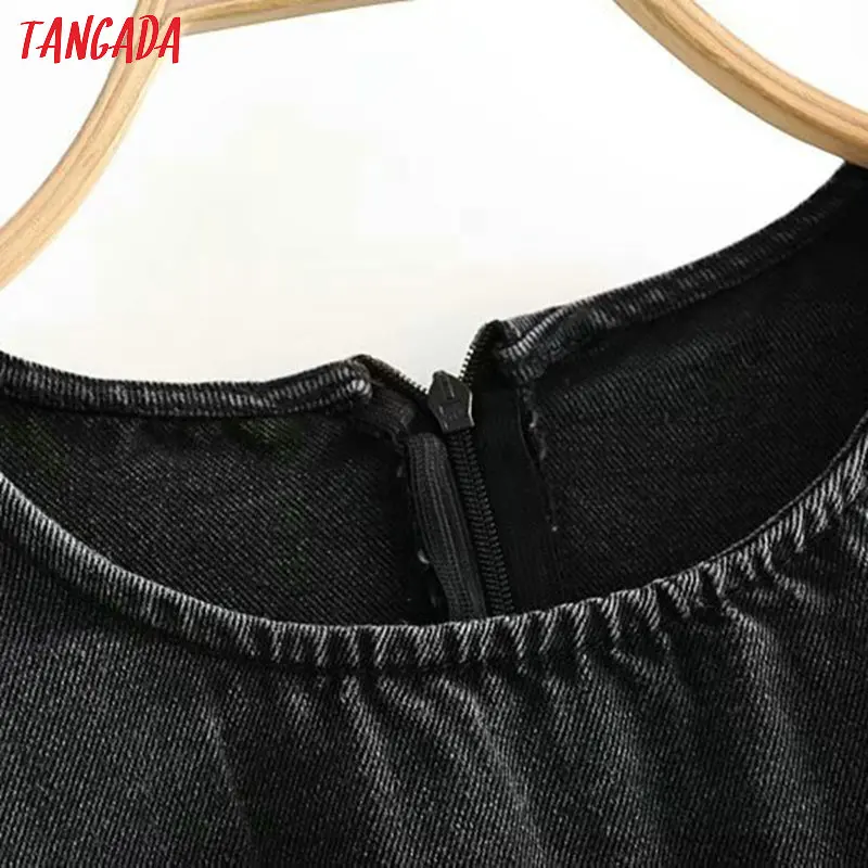 Tangada женское элегантное черное джинсовое платье с бриллиантовым поясом и круглым вырезом с длинным рукавом, женские вечерние короткие платья 6P54