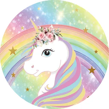 

Unicorn Birthday Party Round Backdrop Cover Decoration Colorful Rainbow Kids Baby Shower Customize Banner Photocall