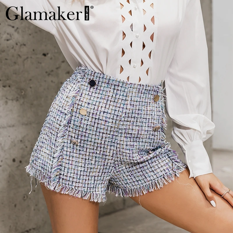 Glamaker, пуговицы, высокая талия, Ретро стиль, твид, шорты для женщин, кисточка, бахрома, клетчатые шорты, женские, Ретро стиль, тонкие, офисные, женские шорты