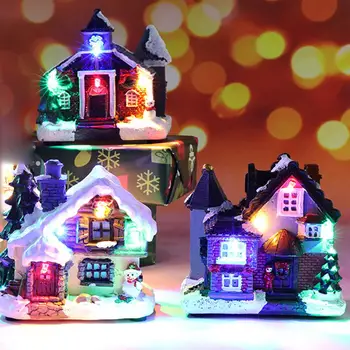 

Christmas Snow House Figurine LED Light Luminous Resin Christmas Scene Village New Year 2021 Christmas Decorations For Home