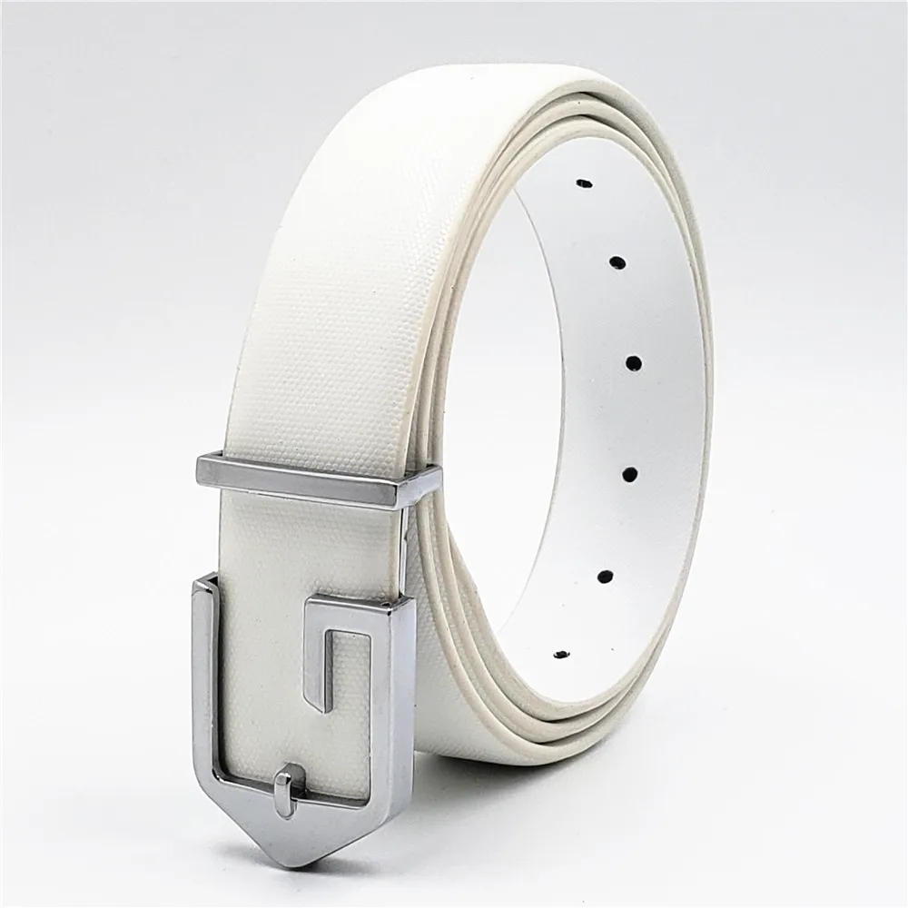 50PCS Designer G Buckle Genuine Leather Belts For Men Women Fashion Business Casual Belt Luxury Strap Smooth Buckle Waistband - Color: Silver White