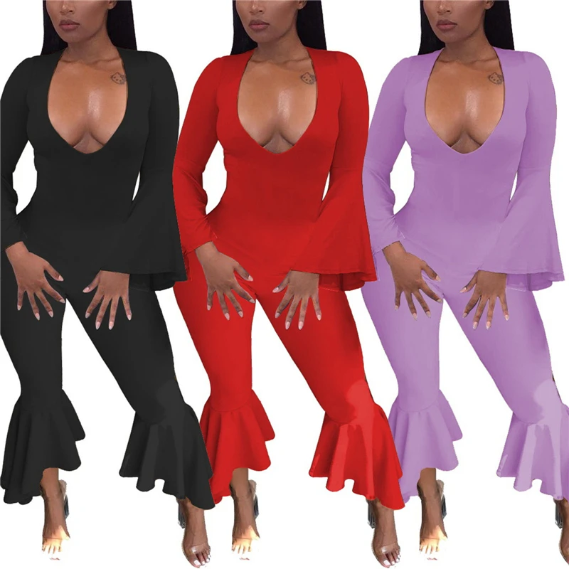 

PD Women Jumpsuit Plus Size Solid Color Jumpsuits Deep V Neck Long Sleeve Flared Hem Bodycon Playsuits Party Clothes