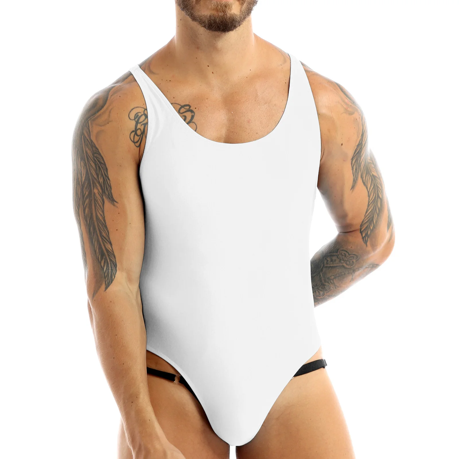Mens Lingerie High Cut Bodysuit Leotard Singlet Underwear Sleeveless with Bulge Pouch
