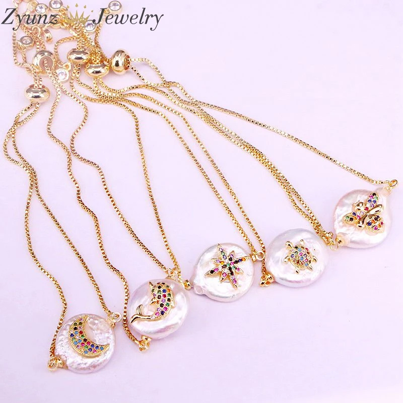 12PCS, 18-20MM Natural Pearl ＆CZ Pave Eye Hamsa Hand Star Insect Heart Shape Gold Bracelet Women Fashion Charm Bracelet Jewelry