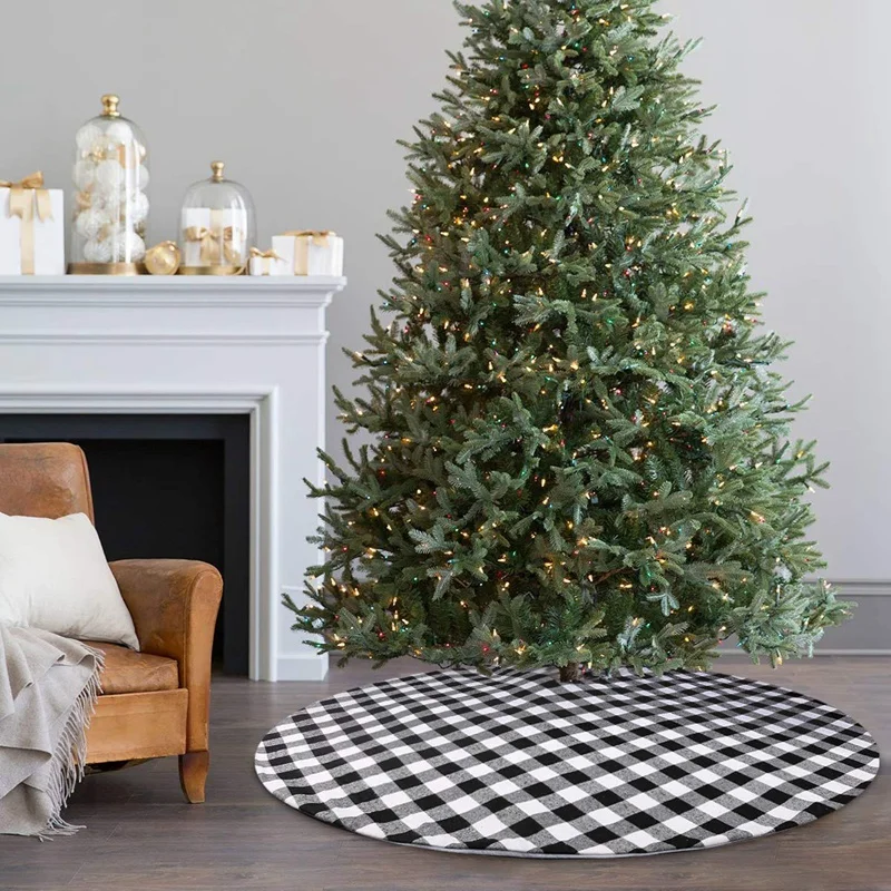 Christmas Tree Skirt 50 inch White and Black Plaid Buffalo Double Layers Tree Skirt for Xmas Decorations
