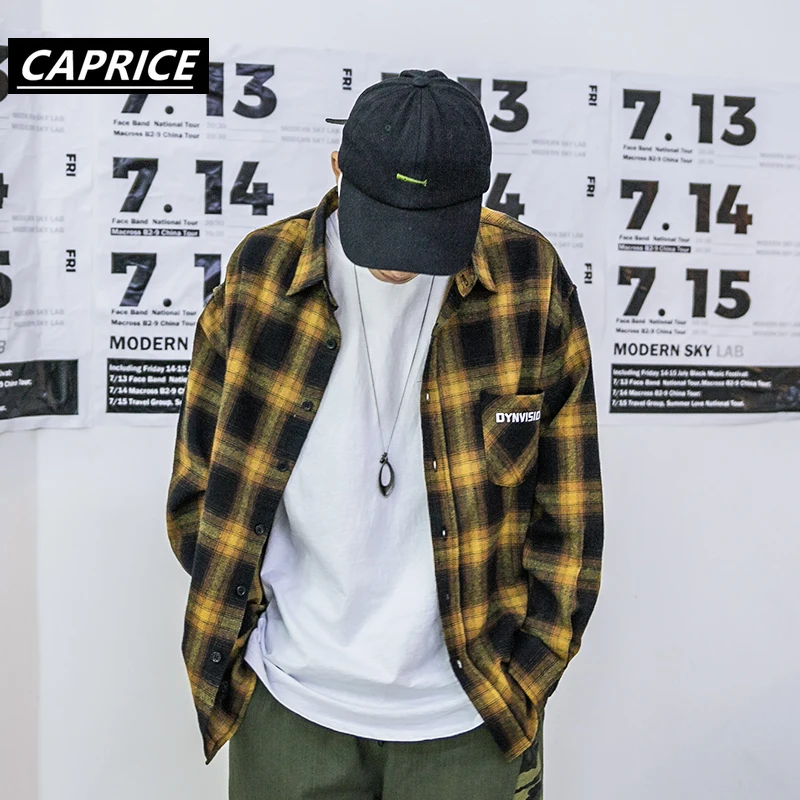 CAPRICE, клетчатые рубашки с длинным рукавом, мужские хип-хоп повседневные рубашки с карманами на пуговицах, модная уличная одежда