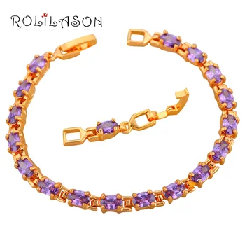 

ROLILASON Lover design Golden gift charm bracelets for women Purple Zircon Crystal fashion jewelry TB1134