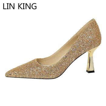 

LIN KING Fashion Bling Pointed Toe Women Shoes Girls Pointed Toe Pumps Ladies Elegant High Heels Bridal Wedding Shoes Plus Size