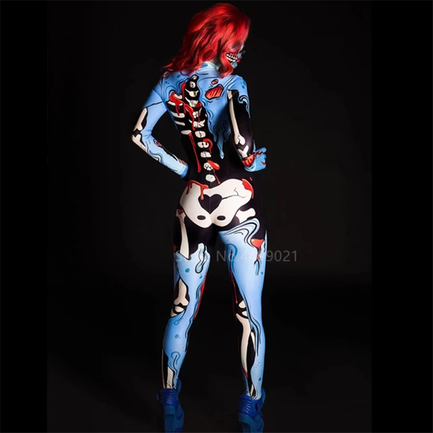 Scary Costume Skeleton Women Wine Red Wig Halloween Day of The Dead Horror Zombie Vampire Cosplay Fancy Dress Carnival Party