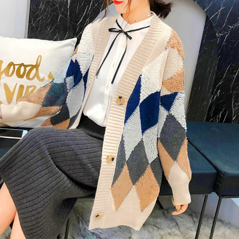 Oeak New Knitted Cardigans Women Lattice Color Coats Femme Matching Knitwear Tops Korean Style Ladies Casual Jersey Mujer