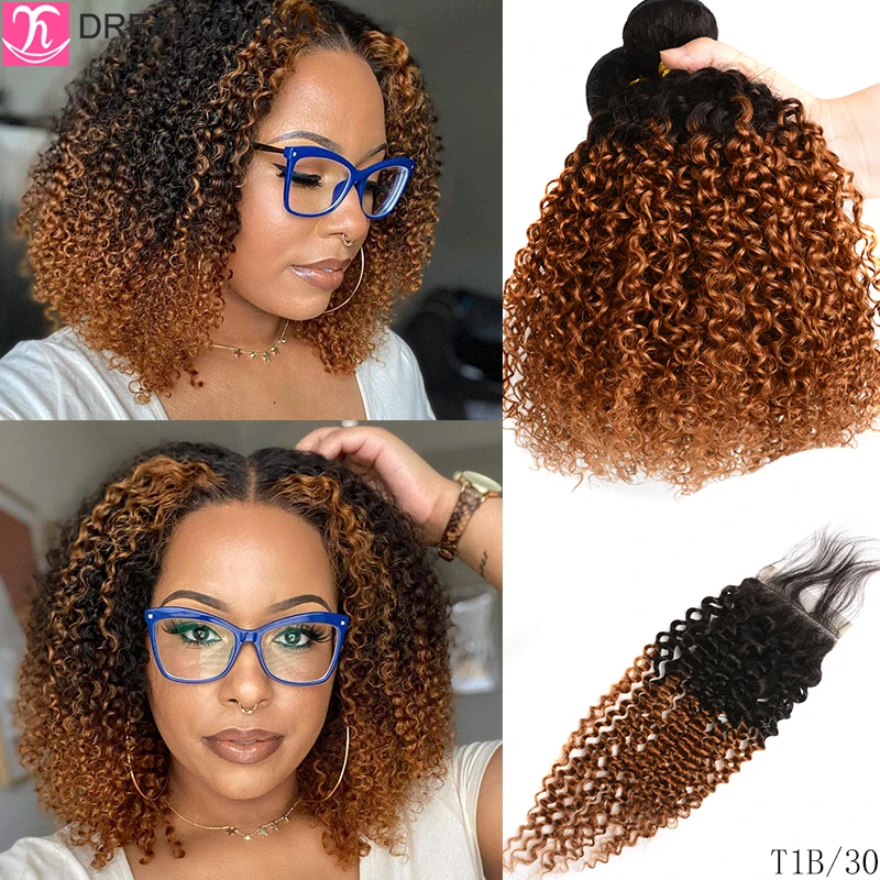 

DreamDiana Ombre Malaysian Curly With Closure 100% Remy Human Hair Bundles With Closure Ombre Afro Kinky Curly Hair With Closure