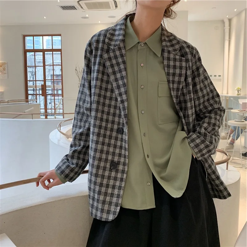 

2019 New Style Plaid Coat Women's Classic Retro Versatile Oversized Suit CHIC Tops