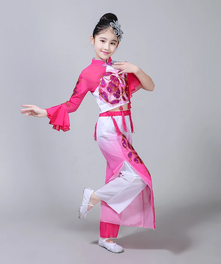 Детское классическое платье для танцев для девочек Yangko dance Costuem, детский костюм для выступлений с зонтиком, китайская одежда для народных танцев